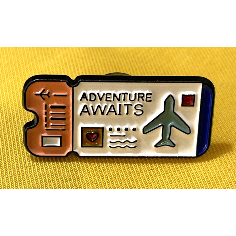 NWOT Adventure Awaits Ticket Lapel Pin Brooch Travel Vacation Airplane Transport